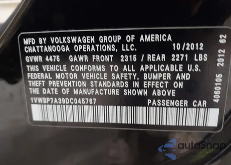 2013 Volkswagen Passat 2.5L Se z USA, uszkodzony, nr VIN 1VWBP7A39DC045767